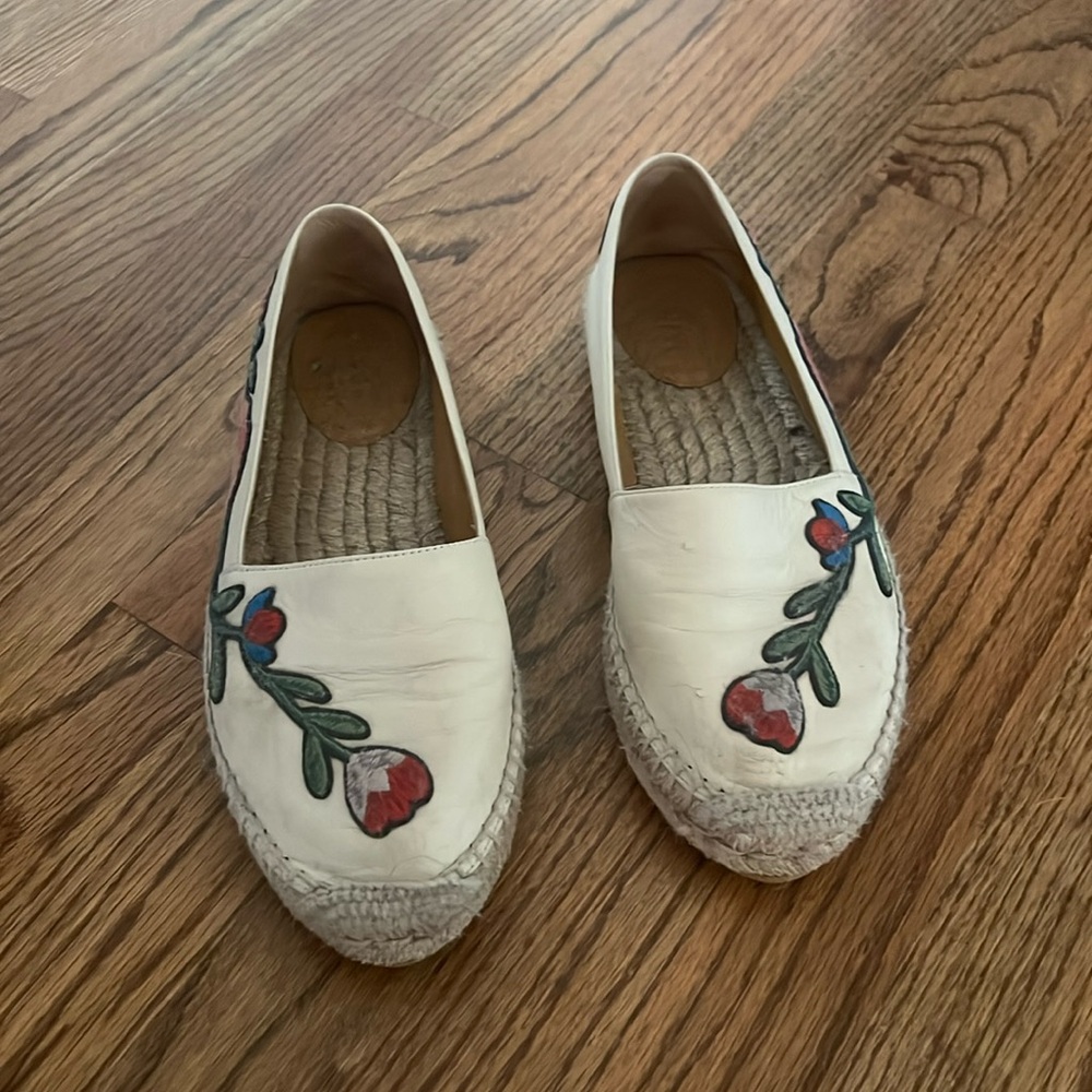Gucci Neutral Pilar Floral Print Embroidered Espadrille Leather Women’s SZ 38